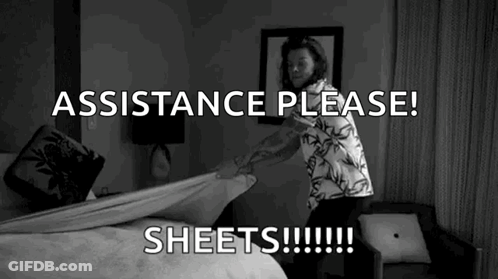 Man Making Bed Saying Assistance Please Sheets GIF