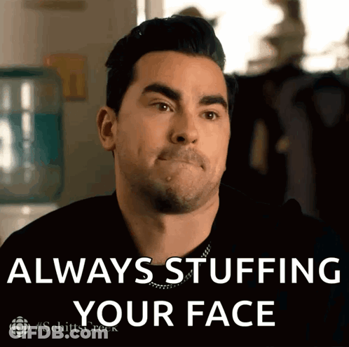 Man Making Funny Face With Always Stuffing Your Face GIF