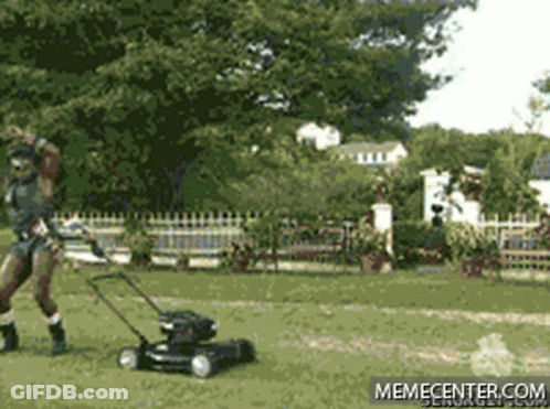 Man Mowing Lawn With MemeCenter Logo GIF