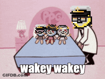 Man Next To Bed With Three Stuffed Animals Saying Wakey Wakey GIF