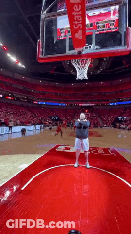 Man On Basketball Court In Front Of State Farm Hoop GIF