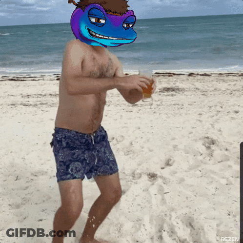 Man On Beach With Blue Lizard Head GIF