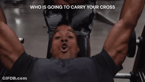 Man On Bench Who Is Going To Carry Your Cross GIF