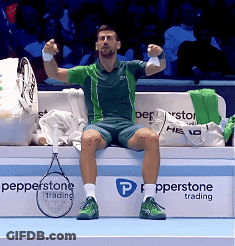 Man On Bench With Tennis Racquet And Pepperstone Sign GIF