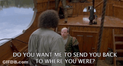 Man On Boat Talking To Another Man Saying Do You Want Me To Send You Back To Where You Were GIF