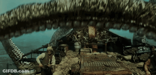 Man On Boat With Giant Snake Coming Out Of Mouth GIF
