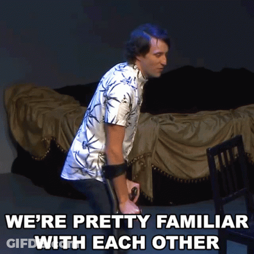 Man On Crutches Saying We're Pretty Familiar GIF