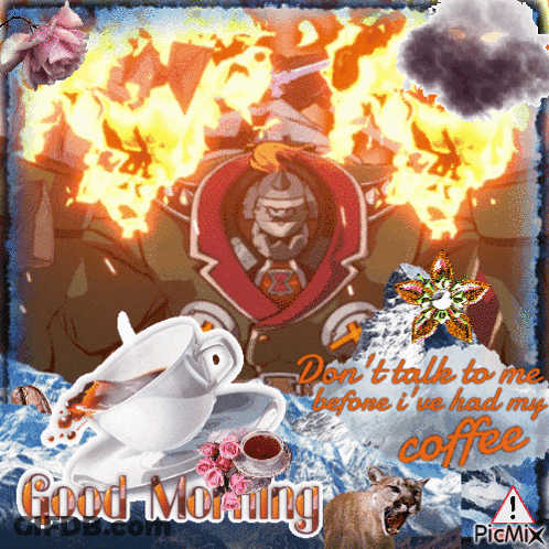 Man On Fire With Coffee Saying Good Morning GIF