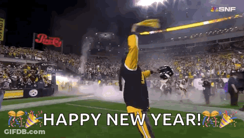 Man On Football Field With Flag Saying Happy New Year GIF
