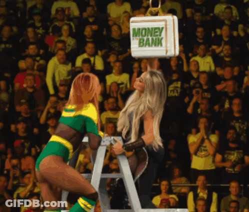 Man On Ladder Holding Money Bank Box GIF
