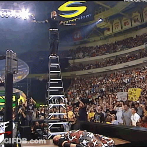 Man On Ladder In Front Of Shimmer Slam Sign GIF