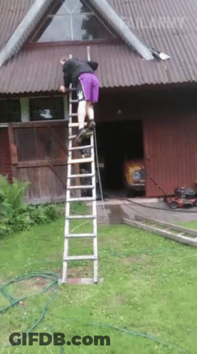 Man On Ladder In Front Of Vilary Building GIF