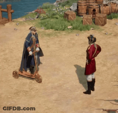 Man On Scooter Talking To Pirate GIF