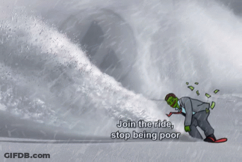 Man On Snowboard Saying Join The Ride Stop Being Poor GIF