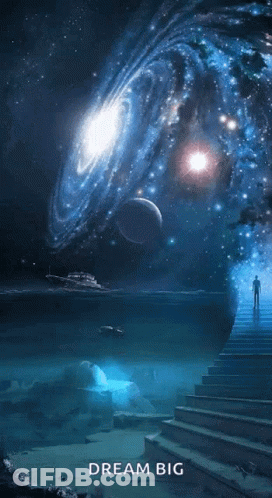 Man On Stairs In Front Of Galaxy Dream Big GIF