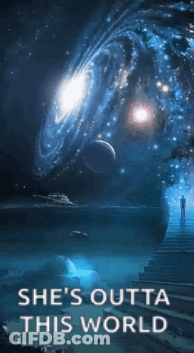 Man On Stairs In Front Of Galaxy She's Outta This World GIF