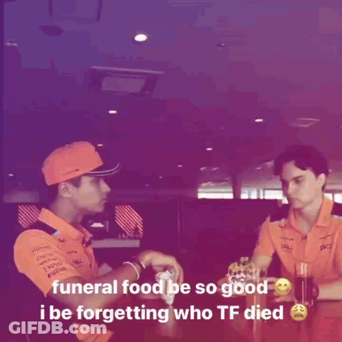 Man Orange Shirt Funeral Food Be So Good GIF