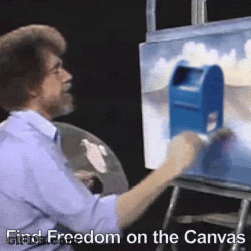 Man Painting Blue Mailbox Saying Find Freedom GIF