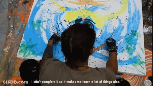 Man Painting On Large Canvas Saying I Can't Complete It GIF