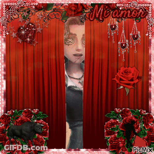 Man Peeking Behind Red Curtain Miramon GIF