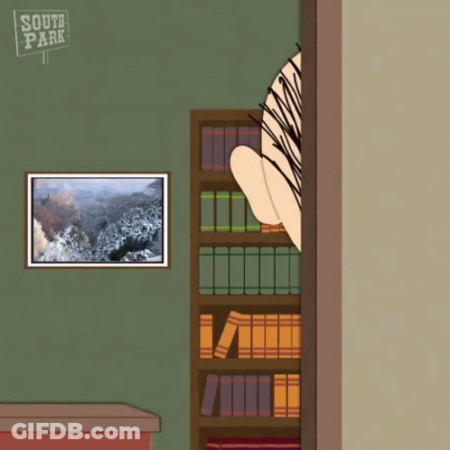 Man Peeking From Behind Bookshelf GIF