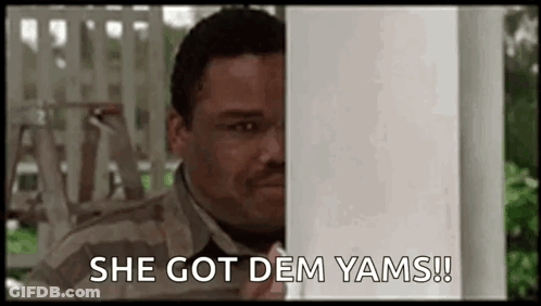 Man Peeking From Behind Porch Post Saying She Got Dem Yams GIF