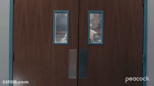 Man Peeking Through Wooden Doors GIF