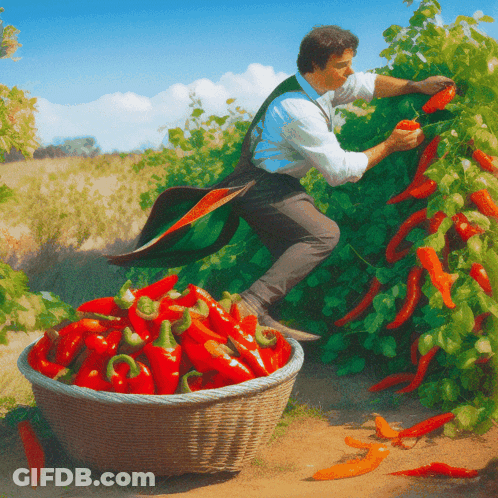 Man Picking Peppers With Basket Of Peppers GIF