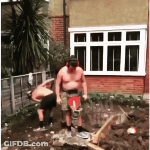 Man Placing A Jackhammer Under His Belly GIF