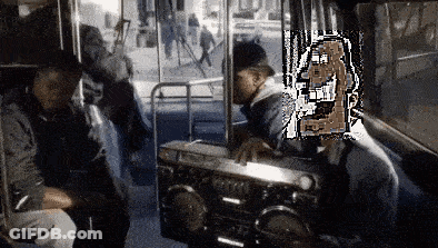 Man Playing Boombox On Bus With Cartoon Character Behind GIF