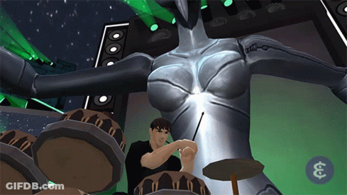 Man Playing Drums In Front Of Large Robot GIF