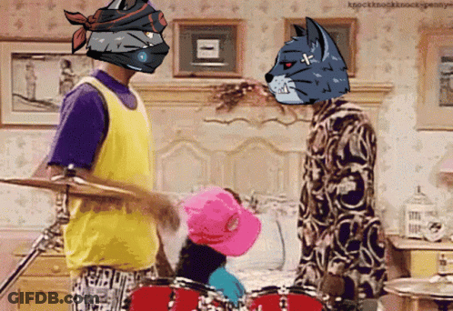 Man Playing Drums With Cat Head On Head GIF