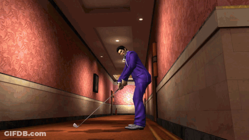 Man Playing Golf In Living Room While Another Watches GIF