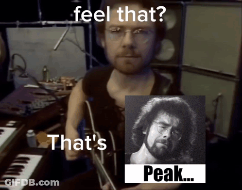 Man Playing Guitar Next To Portrait Saying Feel That And That's Peak GIF