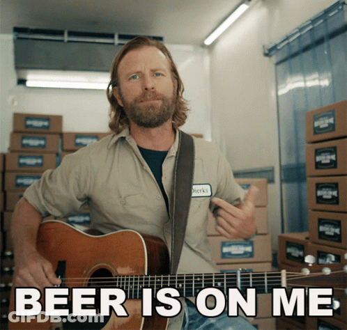 Man Playing Guitar Saying Beer Is On Me GIF