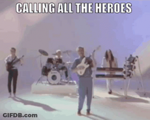 Man Playing Guitar With Band Calling All The Heroes GIF