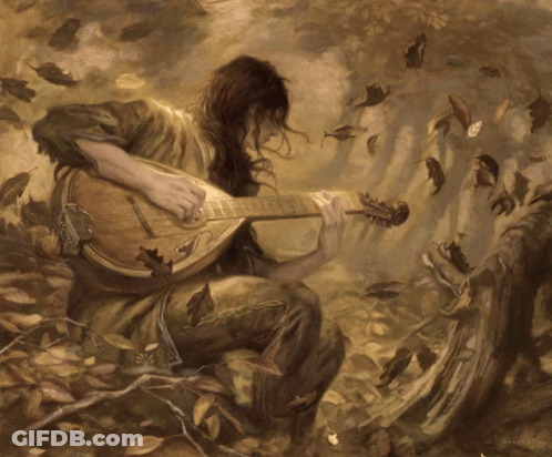 Man Playing Guitar With Leaves Flying GIF