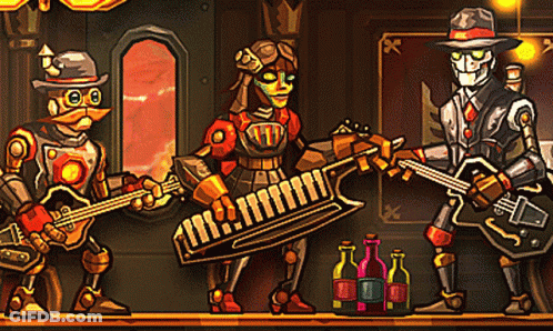 Man Playing Keyboard And Two Robots Playing Guitars GIF