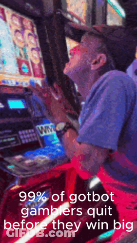 Man Playing Slot Machine 99.99% Of Gamblers Quit Before They Win Big GIF