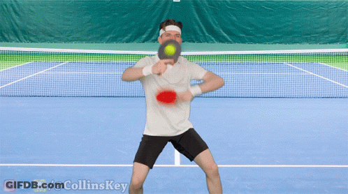 Man Playing Tennis On Blue Court With Twitter @ Collinskey Watermark GIF