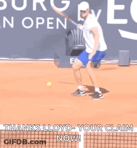 Man Playing Tennis Thanks Lloyd-Your Claim Now GIF