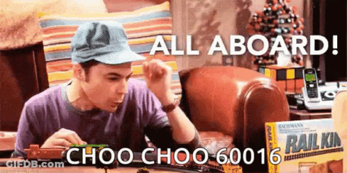 Man Playing With Train Set Says All Aboard Choo Choo 60016 GIF