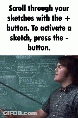 Man Pointing At Chalkboard Saying Scroll Through Your Sketches With The Button GIF