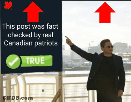 Man Pointing At Sign This Post Was Fact Checked By Real Canadian Patriots GIF