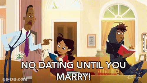 Man Pointing At Woman Reading Book No Dating Until You Marry GIF
