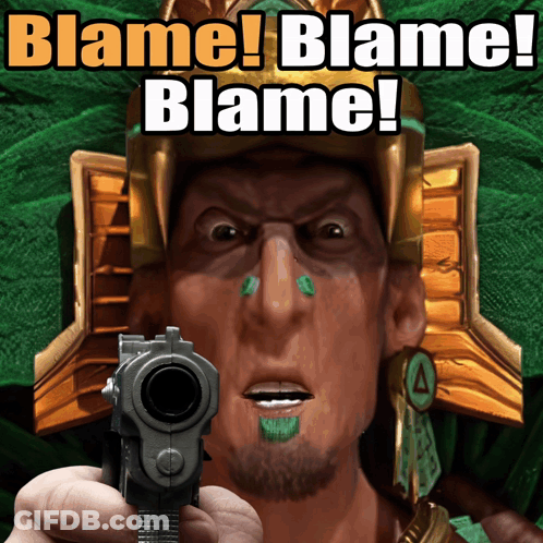 Man Pointing Gun At Camera With Blame Behind GIF