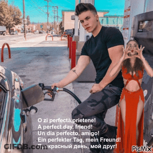 Man Pumping Gas Woman Making Heart GIF