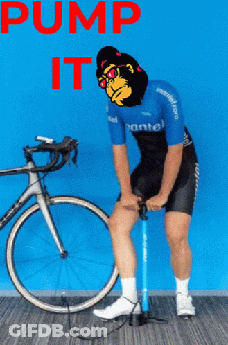 Man Pumping Tire Next To Bicycle Saying Pump It GIF