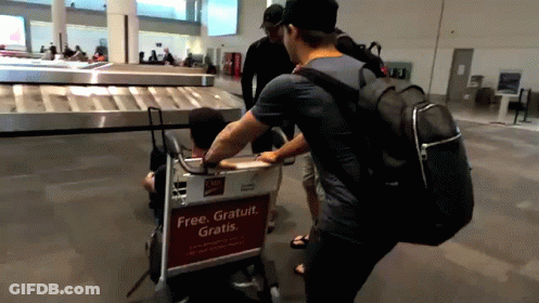 Man Pushing Cart Saying Free Gratuit Gratis GIF