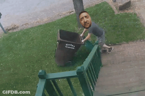 Man Pushing Garbage Can Saying Sandy's GIF